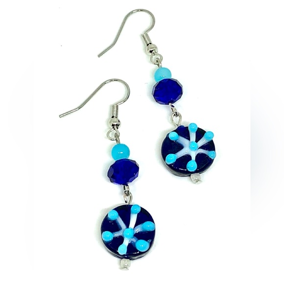 Cobalt Sky Blue and White Lampwork Glass Snowflake with Crystal & Jade Earrings - Picture 3 of 4